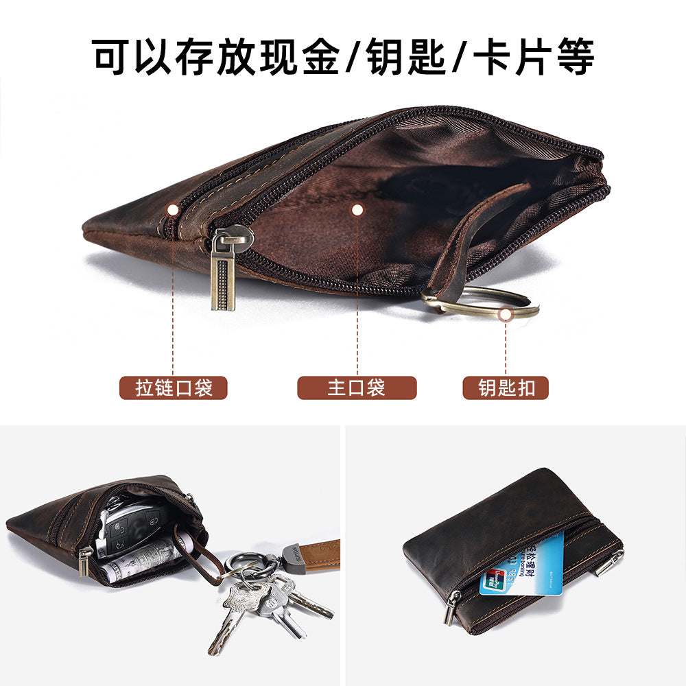 Cross-Border Crazy Horse Leather Short Coin Purse Card Holder, Lightweight Portable Coin Storage Bag, Small Wallet, Genuine Leather Vintage Bag