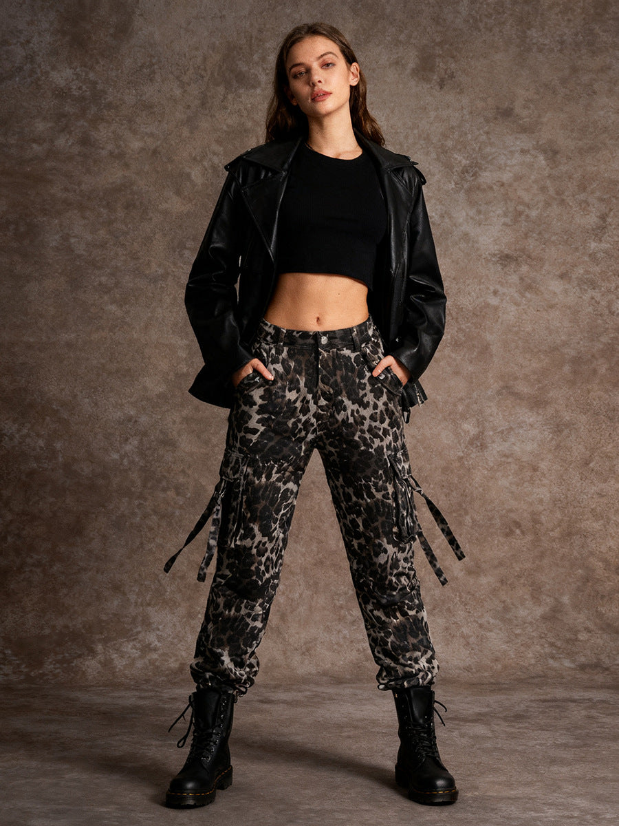 Personalized Workwear Pants 2026 Spring New Fashion High-End Leopard Print Pocket Patchwork Wide-Leg Casual Pants for Women