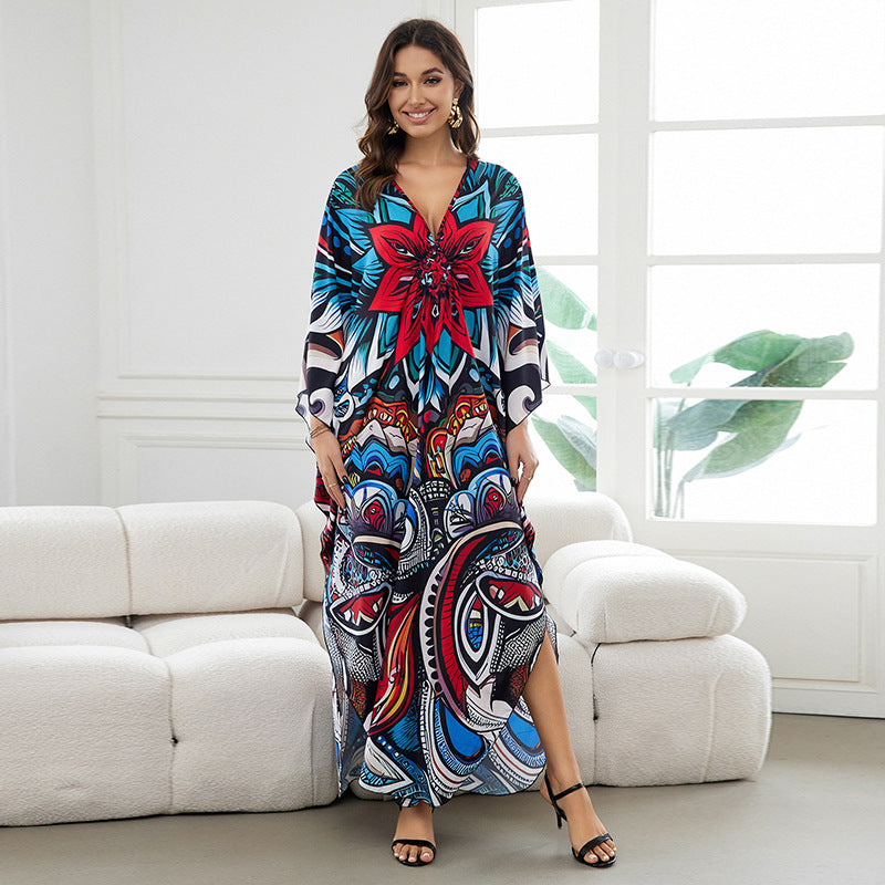 European and American New Positioning Printed dress Holiday Beach Clothes Robe plus size Beach Sunscreen Bikini Blouse