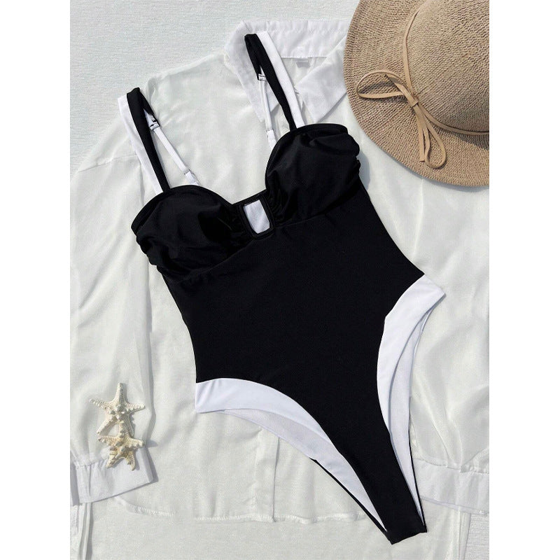European and American Popular One-Piece Swimsuit for Women Cross-Border Sexy Tight Push-Up Backless Contrasting Color Small V High-End Vacation Swimsuit