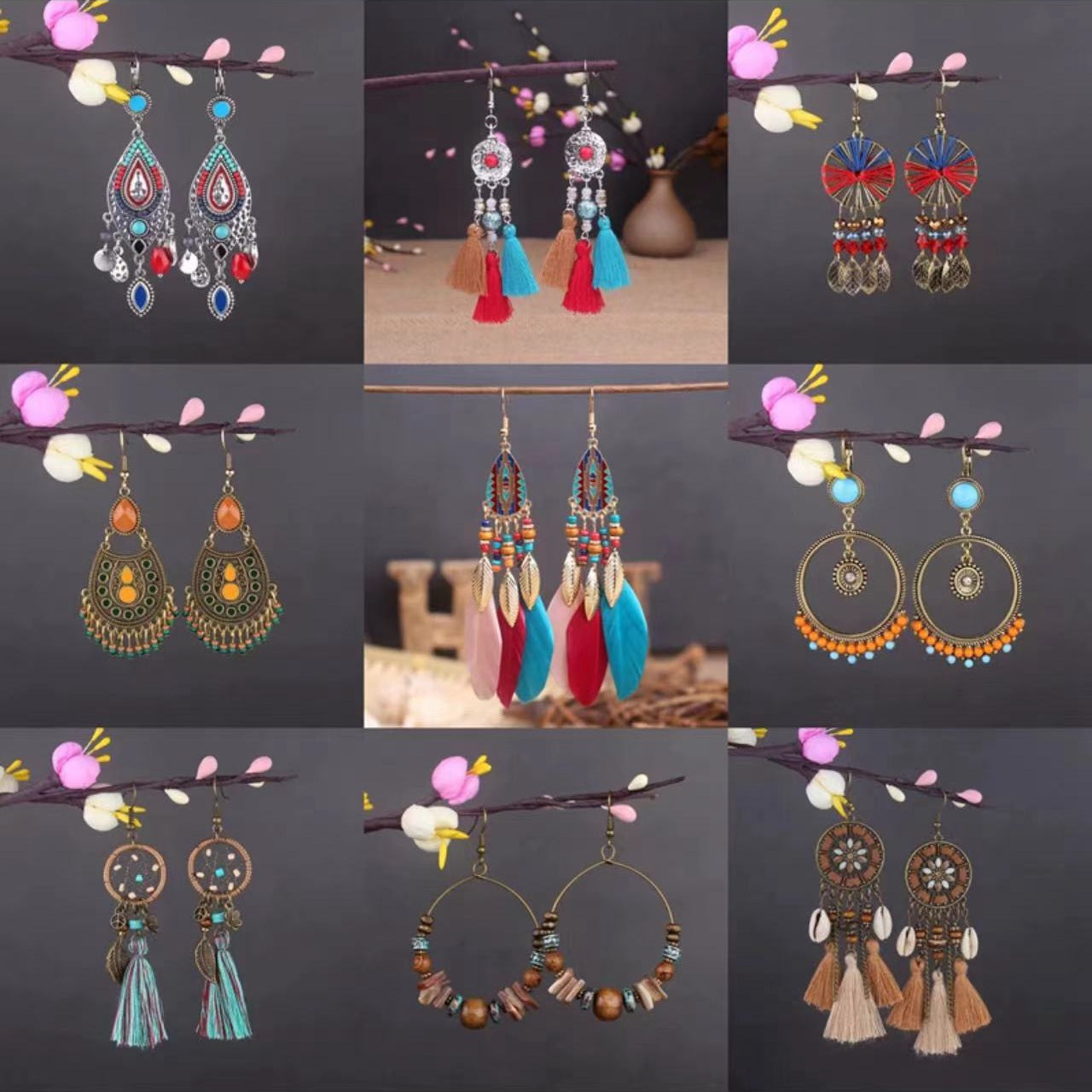 Bohemian Turquoise Earrings European and American Retro Owl Geometric Dreamcatcher Feather Tassel Earrings Women