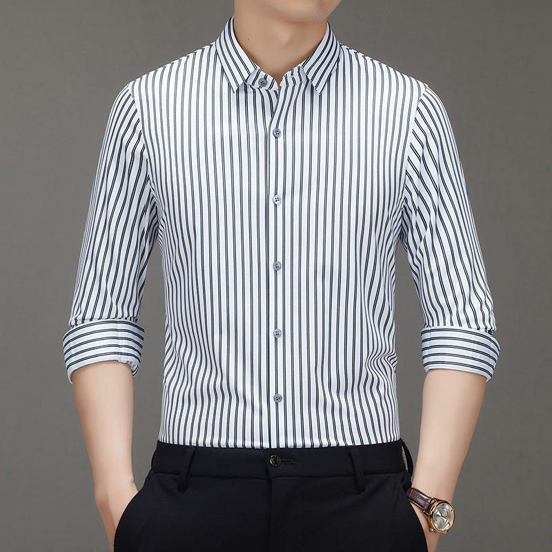 Spring 2025 New Mulberry Silk Vertical Stripe Printed Shirt Cross-border Joker for Young and Middle-aged Men Business Casual Flip
