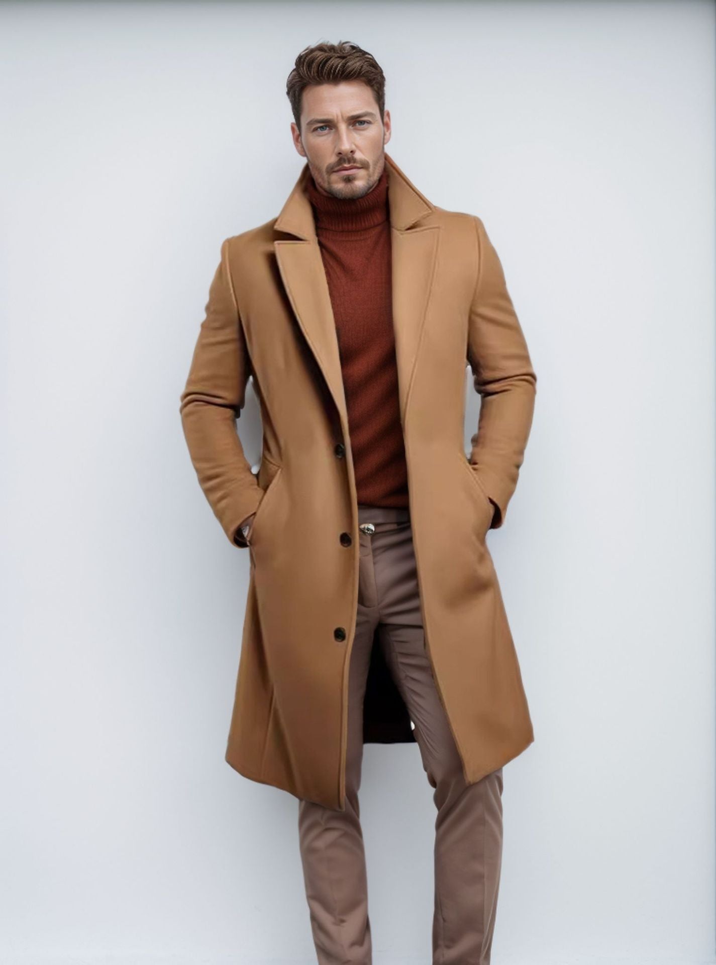 Foreign Trade Men's 2024 New Woolen Coat Men's Mid-length Solid Color Woolen Coat for Autumn and Winter Youth Coat