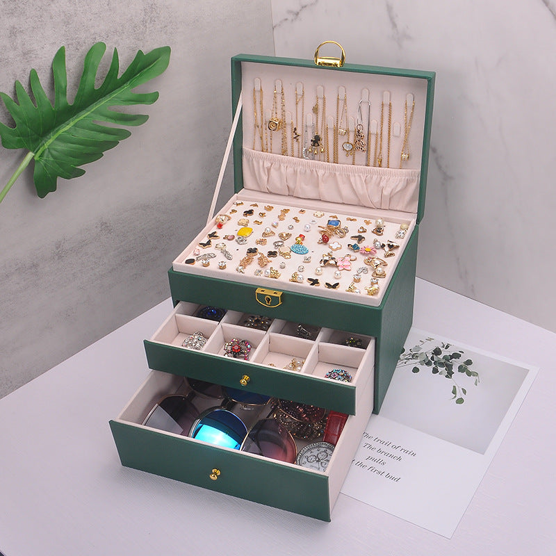 Internet Celebrity Three-layer Lock Leather Earrings Earrings Necklace Bracelet Ring Jewelry Large Capacity Wedding Jewelry Storage Box