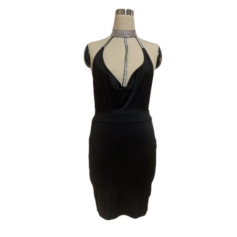 2022 European and American sexy sling jumpsuit hip skirt side slit hot rhinestone low-cut halter tight nightclub skirt in stock