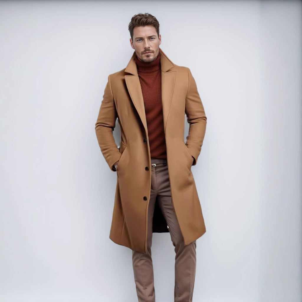 Foreign Trade Men's 2024 New Woolen Coat Men's Mid-length Solid Color Woolen Coat for Autumn and Winter Youth Coat
