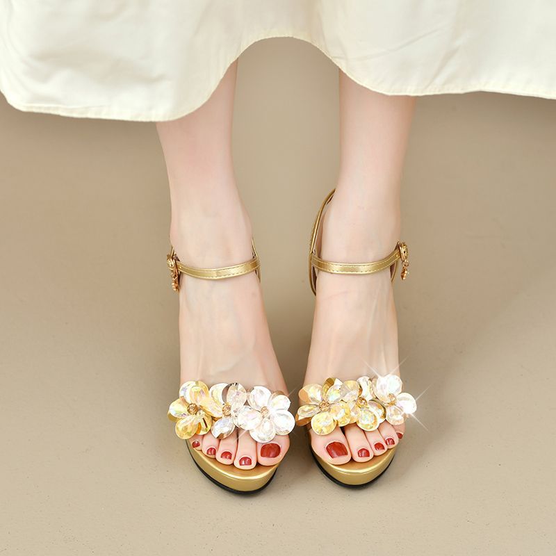 Flower Sandals for Women, New Products, Flower Buckle High Heels, Women's Thick Heels, Versatile Waterproof Platform Women's Shoes, New Products