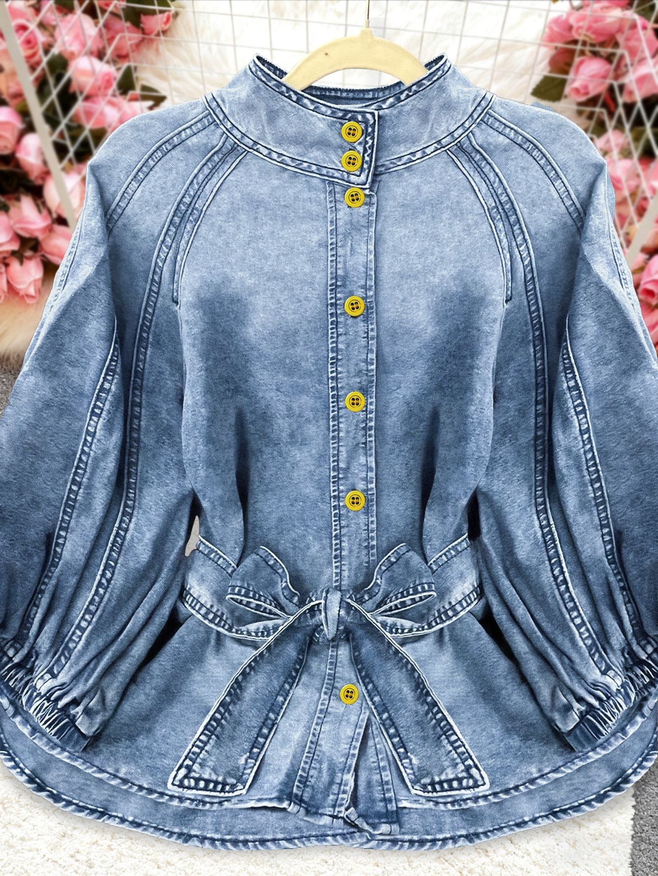2026 Spring and Autumn Gradient Color Lightweight Half-Sleeve Puff Sleeve Pullover Denim Top Shirt with a Stylish Casual and Minimalist Look