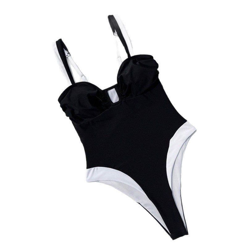 European and American Popular One-Piece Swimsuit for Women Cross-Border Sexy Tight Push-Up Backless Contrasting Color Small V High-End Vacation Swimsuit