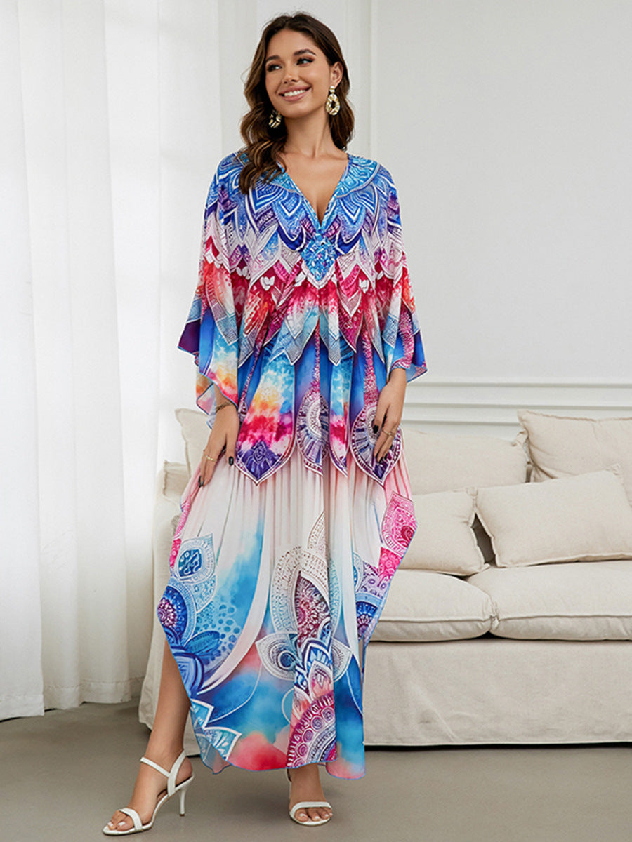 European and American New Positioning Printed dress Holiday Beach Clothes Robe plus size Beach Sunscreen Bikini Blouse