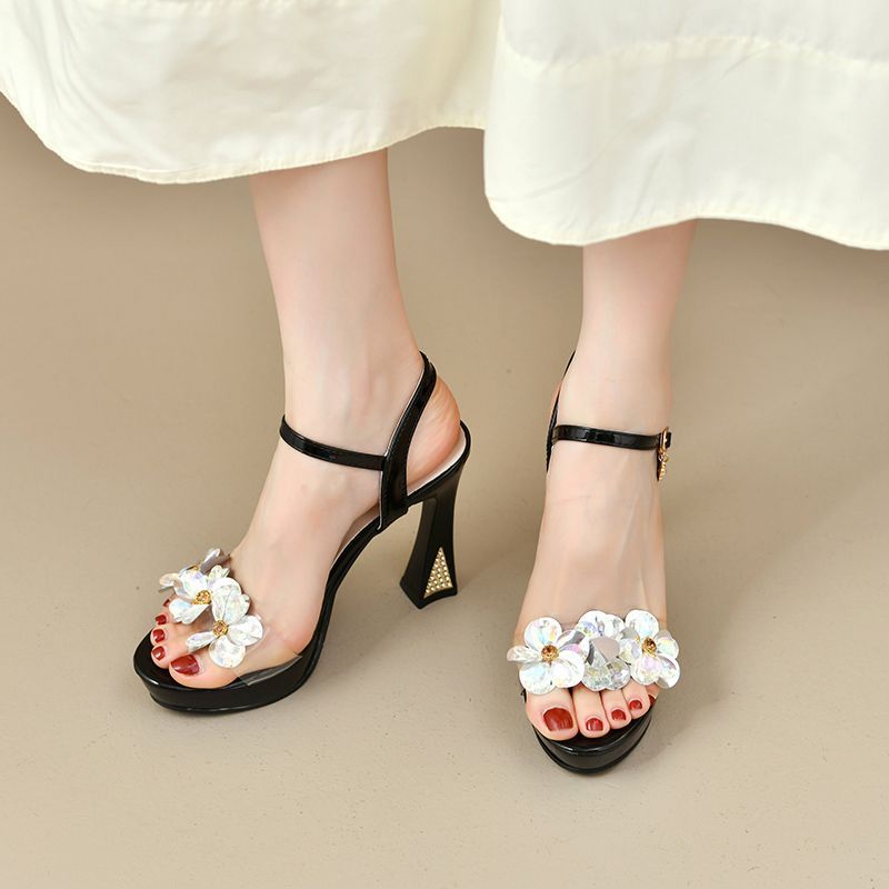 Flower Sandals for Women, New Products, Flower Buckle High Heels, Women's Thick Heels, Versatile Waterproof Platform Women's Shoes, New Products