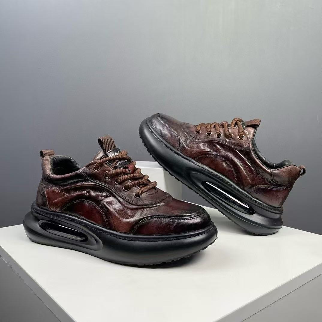 First-Layer Cowhide Men's Shoes 2026 Autumn and Winter New Fashion Versatile British Style Air-Cushioned Thick-Soled Trendy Textured Leather Shoes