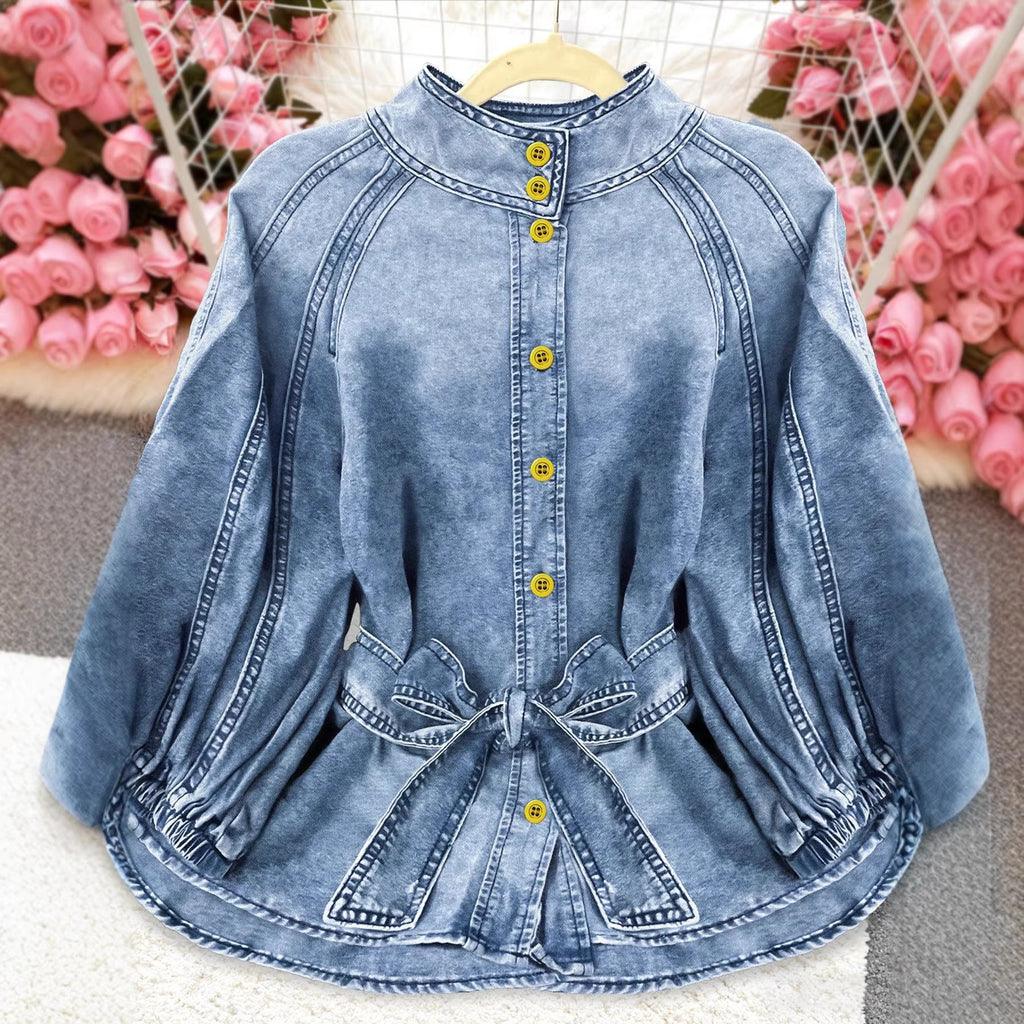 2026 Spring and Autumn Gradient Color Lightweight Half-Sleeve Puff Sleeve Pullover Denim Top Shirt with a Stylish Casual and Minimalist Look