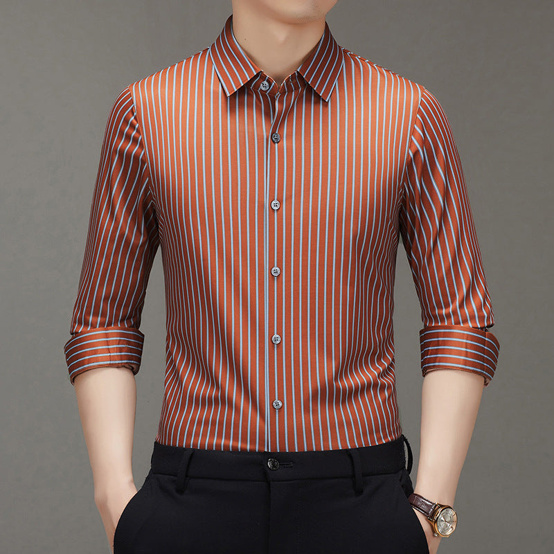 Spring 2025 New Mulberry Silk Vertical Stripe Printed Shirt Cross-border Joker for Young and Middle-aged Men Business Casual Flip