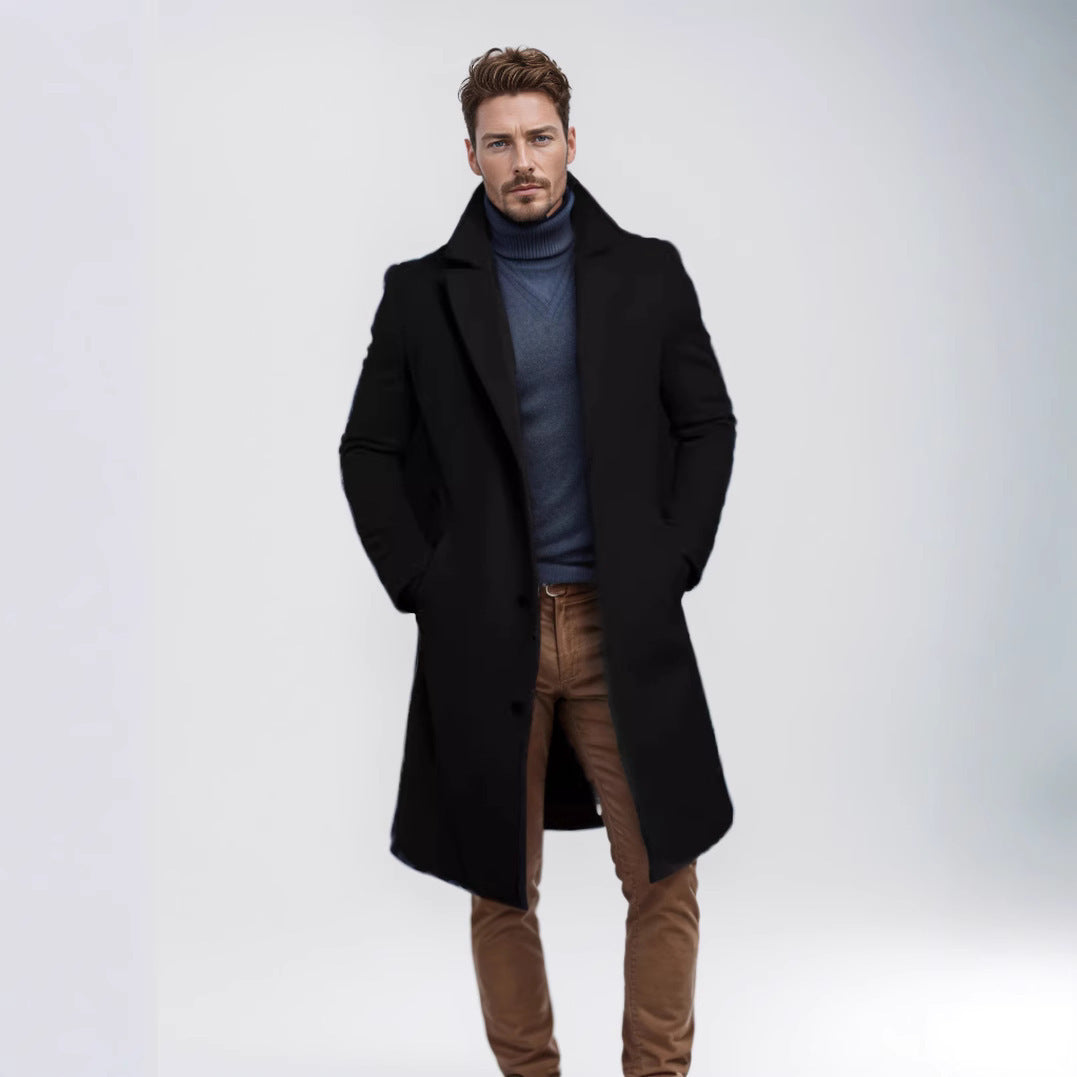 Foreign Trade Men's 2024 New Woolen Coat Men's Mid-length Solid Color Woolen Coat for Autumn and Winter Youth Coat