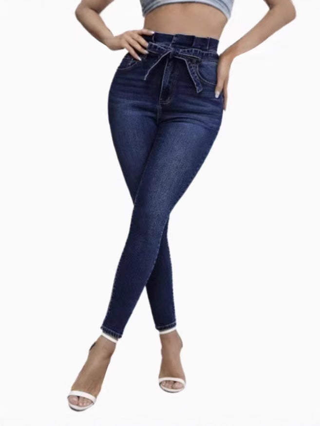 Independent E-Commerce Platform Cross-Border European and American Style Stretch Denim Pants with Ruffled Hem, Slim Fit, Casual and Fashionable Versatile Women's Trousers