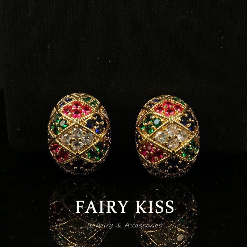 Electroplated real gold copper wax inlaid with exquisite temperament color small earrings high sense palace style fashion all-match jewelry