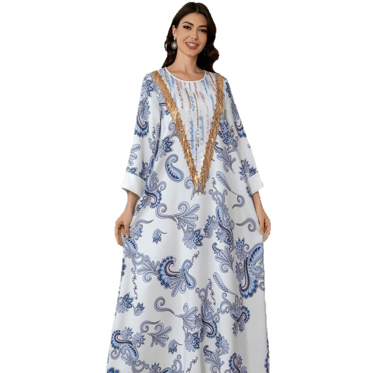 Sw0821 Amazon Women's Printed Robe Evening Dress European and American Cross-Border Dress Wholesale Long