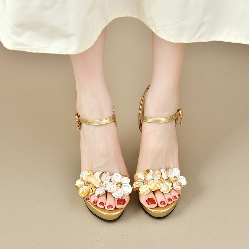 Flower Sandals for Women, New Products, Flower Buckle High Heels, Women's Thick Heels, Versatile Waterproof Platform Women's Shoes, New Products