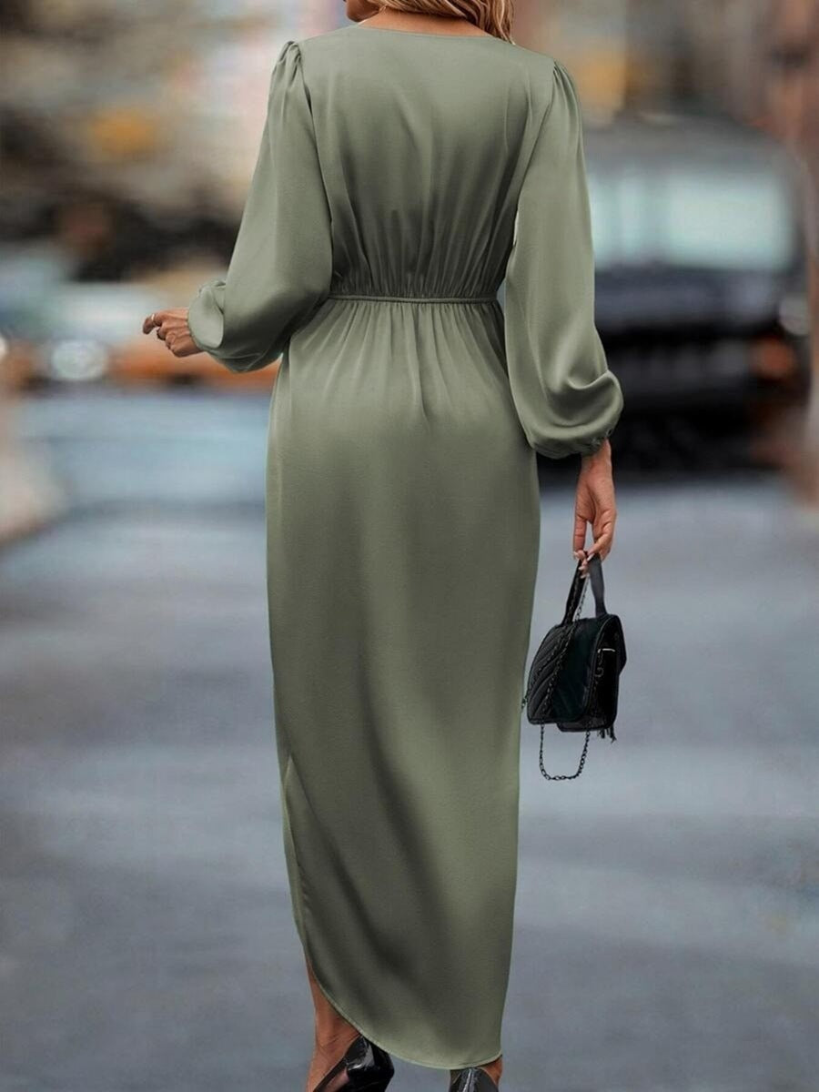 Cross-Border Amazon Women's New Slit Dress Spring and Summer Lantern Sleeve Asymmetrical Long-Sleeved Satin Dress