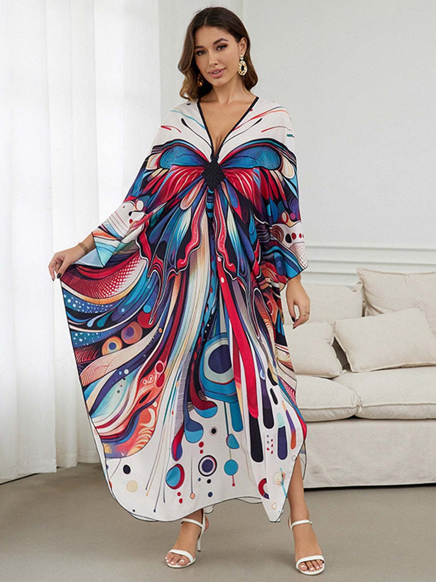 European and American New Positioning Printed dress Holiday Beach Clothes Robe plus size Beach Sunscreen Bikini Blouse
