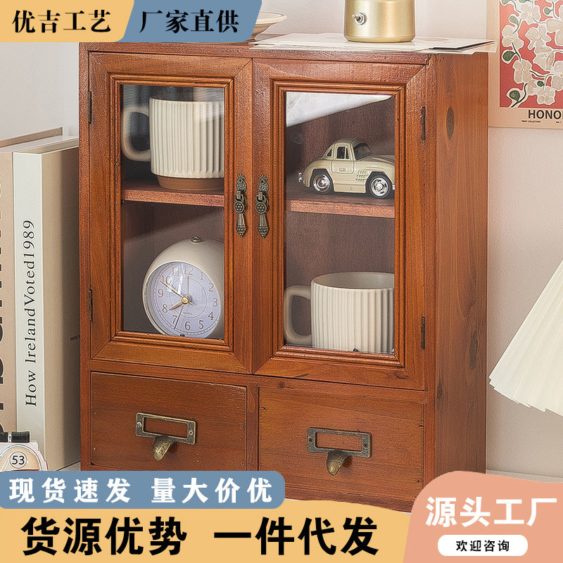Desktop Storage Box Blind Box Storage Wooden Glass Drawer-Style Vintage Solid Wood Zakka Cosmetic Cabinet Multi-Layer