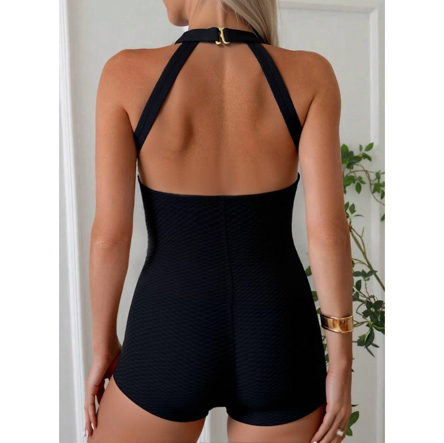 Cross-Border New Solid Color One-Piece Swimsuit for Women European and American Tight-Fitting Halterneck Backless High-End Backless Popular Vacation Swimsuit